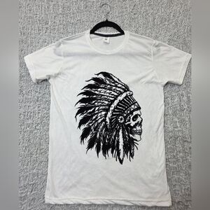 White Tee with Skull and Headdress Design
